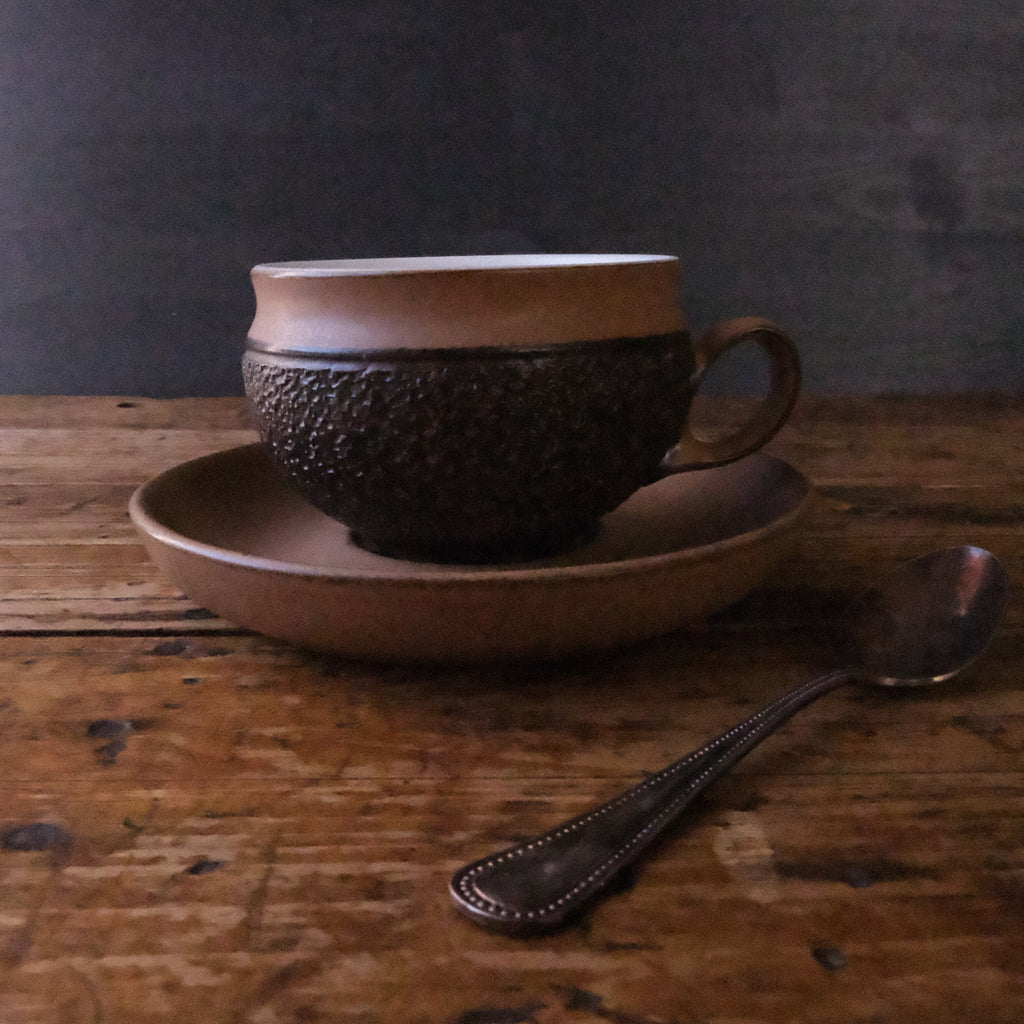 vintage rustic cup saucer textured brown teacup